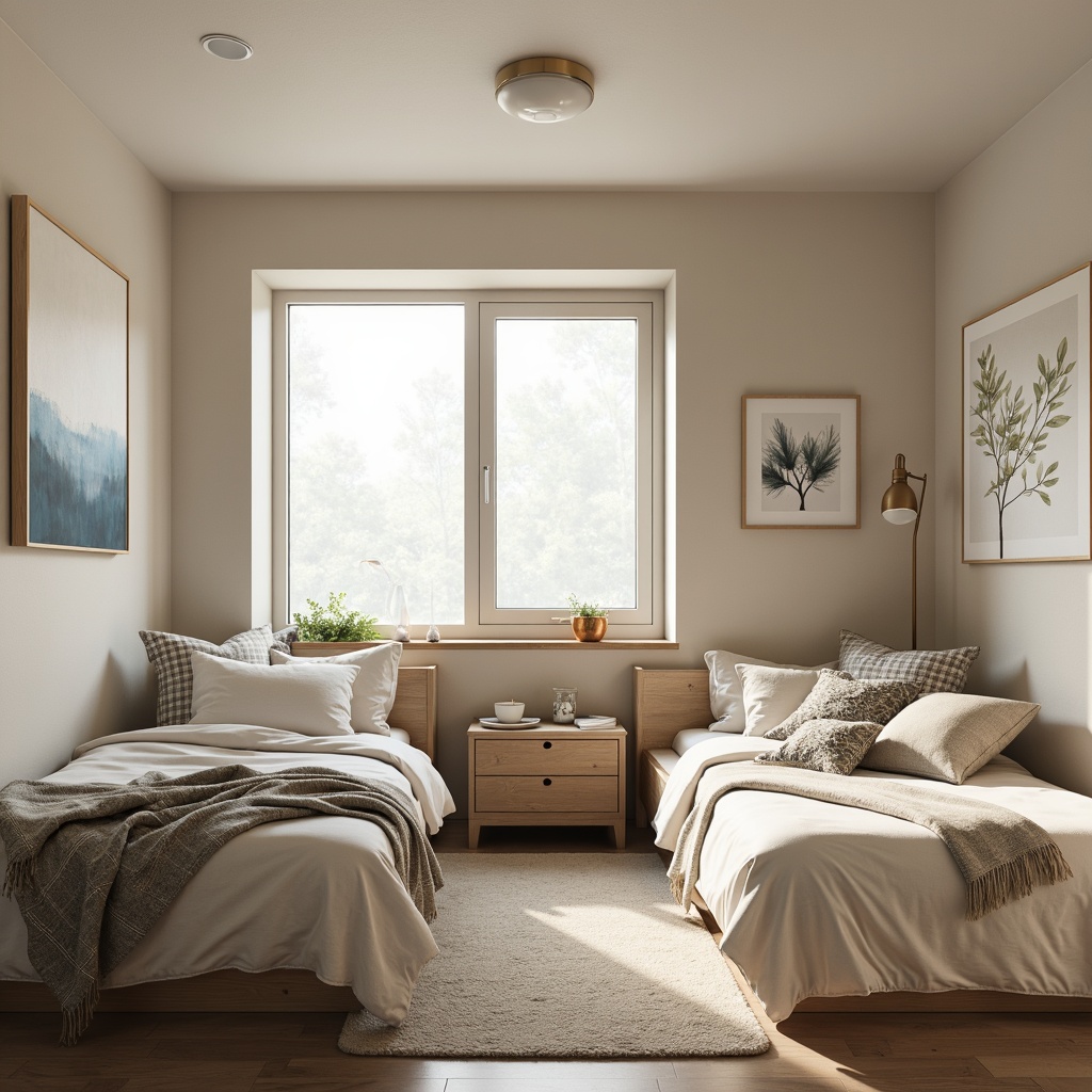 Prompt: Cozy dorm room, soft warm lighting, calming pastel hues, creamy whites, gentle grays, soothing blues, natural wood accents, plush textiles, comfortable bedding, minimalist furniture, modern decor, abstract artwork, geometric patterns, warm beige tones, inviting atmosphere, relaxed ambiance, serene mood, soft focus, shallow depth of field, 1/1 composition, realistic textures.