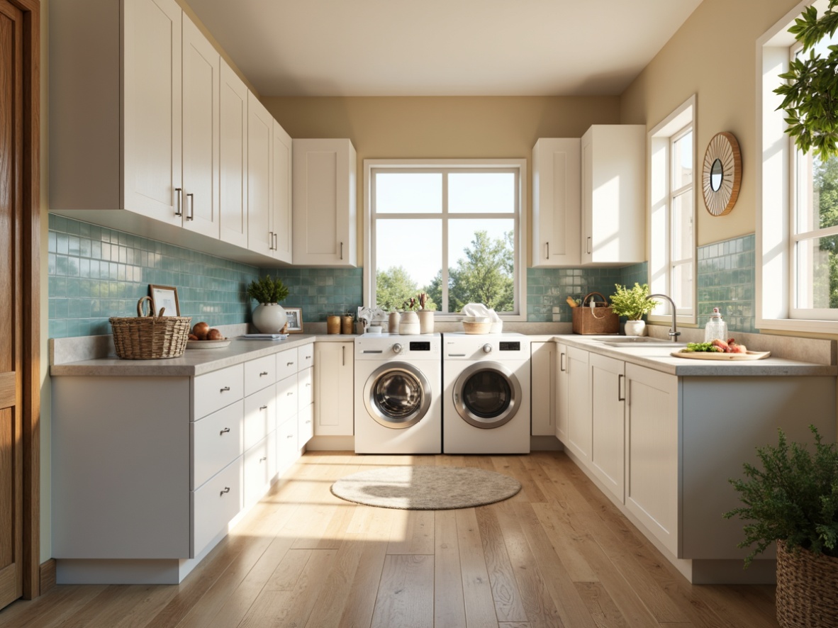 Prompt: Cozy laundry room, warm beige walls, soft creamy cabinets, calming light blue accents, crisp white countertops, sleek silver appliances, modern minimalist decor, natural wood flooring, plenty of storage space, large windows, abundant natural light, warm sunny day, soft gentle lighting, shallow depth of field, 1/1 composition, realistic textures, ambient occlusion.