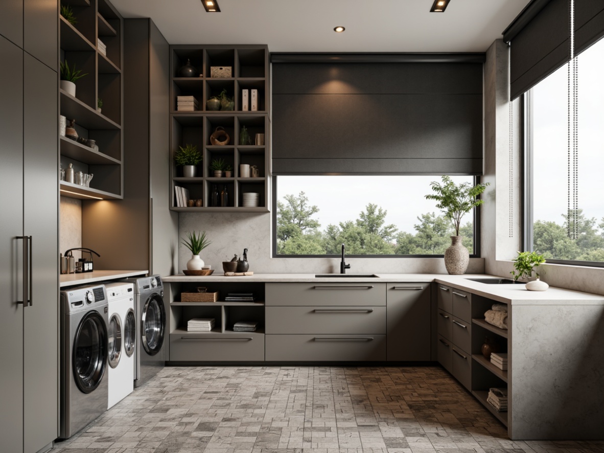 Prompt: Modern laundry room, sleek cabinets, glossy finishes, soft-close drawers, chrome hardware, built-in washer dryer units, LED lighting, porcelain countertops, glass backsplashes, mosaic tile floors, minimalist decor, urban chic style, neutral color palette, plenty of natural light, large windows, roller blinds, industrial-chic accents, metallic textures, 1/1 composition, shallow depth of field, soft warm lighting.