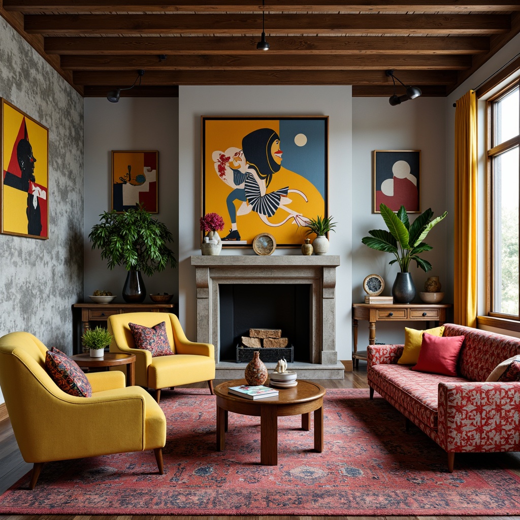 Prompt: Eclectic living room, bold color blocking, abstract shapes, asymmetrical forms, playful textures, vibrant upholstery, metallic accents, industrial materials, reclaimed wood, distressed finishes, statement lighting fixtures, sculptural furniture pieces, avant-garde decor, oversized art prints, futuristic patterns, curved lines, irregular silhouettes, whimsical accessories, dynamic spatial arrangements, 1/1 composition, warm high-key lighting, shallow depth of field.