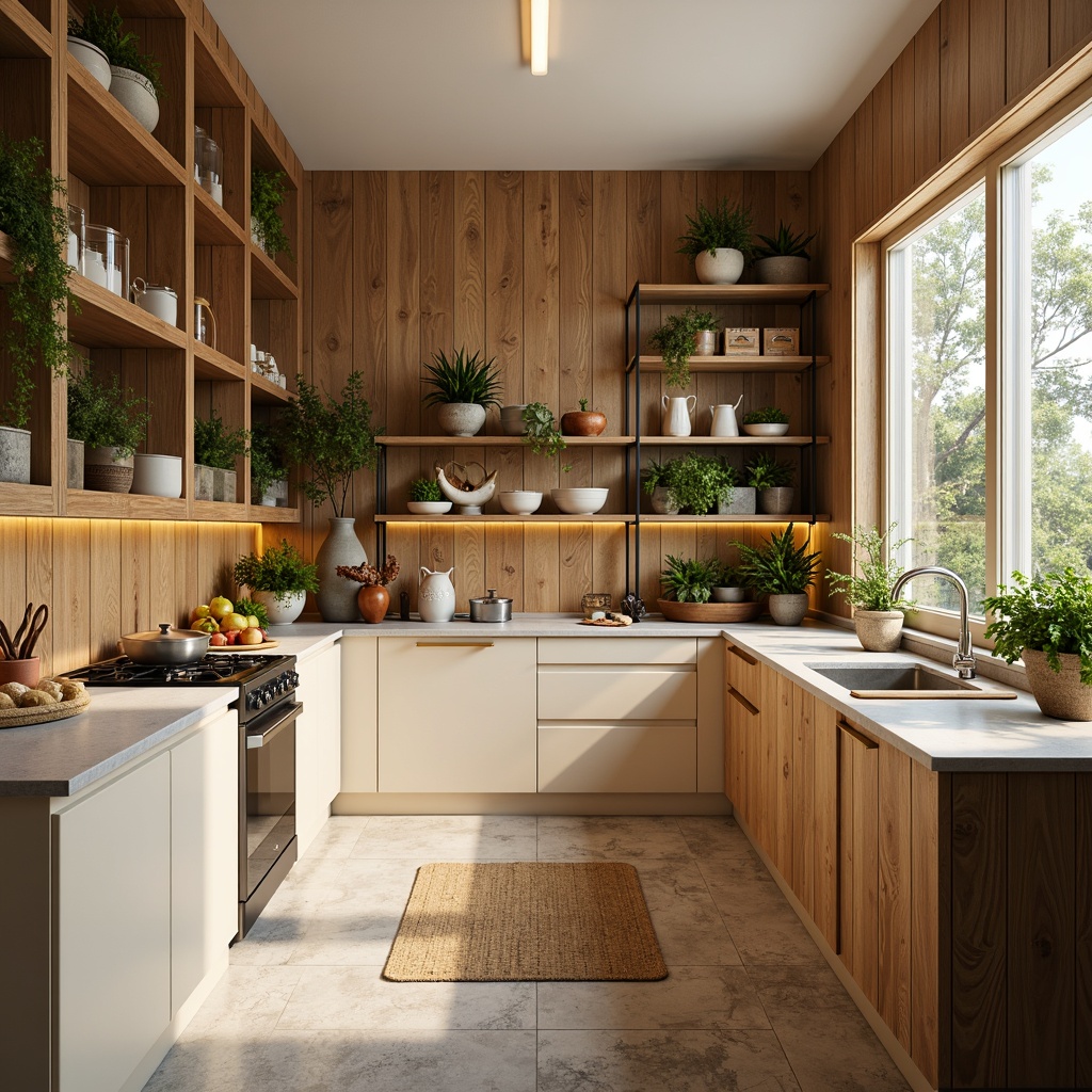 Prompt: Vibrant pantry interior, warm beige cabinets, rich wood textures, soft gold hardware, creamy white countertops, fresh greenery, lush botanicals, natural stone flooring, industrial-chic metal shelving, modern farmhouse style, rustic wooden crates, earthy terracotta pots, soft morning light, warm ambient glow, shallow depth of field, 1/2 composition, realistic rendering, detailed textures.