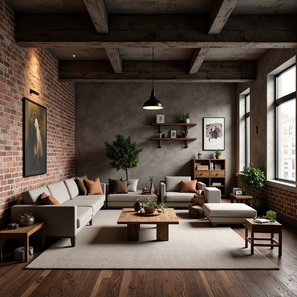 Prompt: Industrial-chic living room, exposed brick walls, reclaimed wood flooring, metal beams, minimalist decor, earthy color palette, natural stone accents, distressed textures, rough-hewn wooden furniture, vintage industrial lighting, matte black fixtures, urban loft atmosphere, warm ambient glow, low-key lighting, 1/2 composition, cinematic angles, realistic rendering.