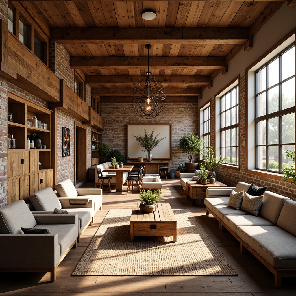 Prompt: Cozy community center, rustic wooden accents, warm earthy tones, plush couches, woven baskets, natural fiber rugs, vintage decorative items, reclaimed wood tables, industrial metal chairs, exposed brick walls, large windows, soft warm lighting, shallow depth of field, 3/4 composition, realistic textures, ambient occlusion.