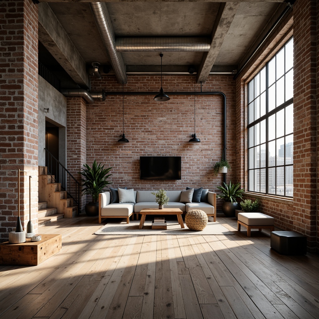 Prompt: Exposed brick walls, metal beams, industrial pipes, reclaimed wood flooring, minimalist decor, urban loft atmosphere, natural light pouring in, large windows, concrete ceilings, brutalist architecture, open-plan living space, functional simplicity, monochromatic color scheme, subtle texture contrasts, warm ambient lighting, low-angle photography, atmospheric shadows, 1/1 composition, gritty realistic textures.