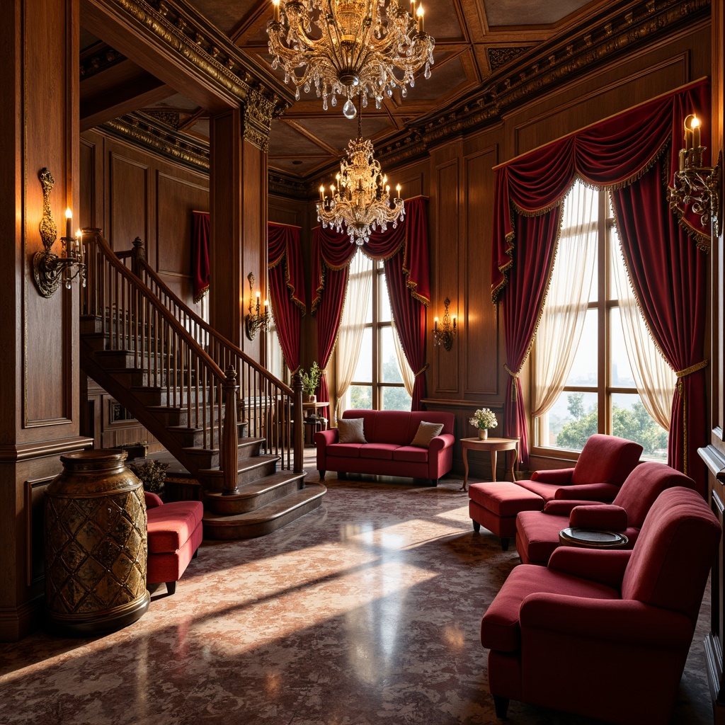 Prompt: Luxurious casino interior, ornate French country style, rich velvet fabrics, intricately carved wooden furniture, gilded accents, crystal chandeliers, plush red upholstery, antique bronze hardware, marble floors, grand staircase, lavish curtains, warm golden lighting, soft focus, 1/2 composition, dramatic shadows, realistic wood textures, ambient occlusion.