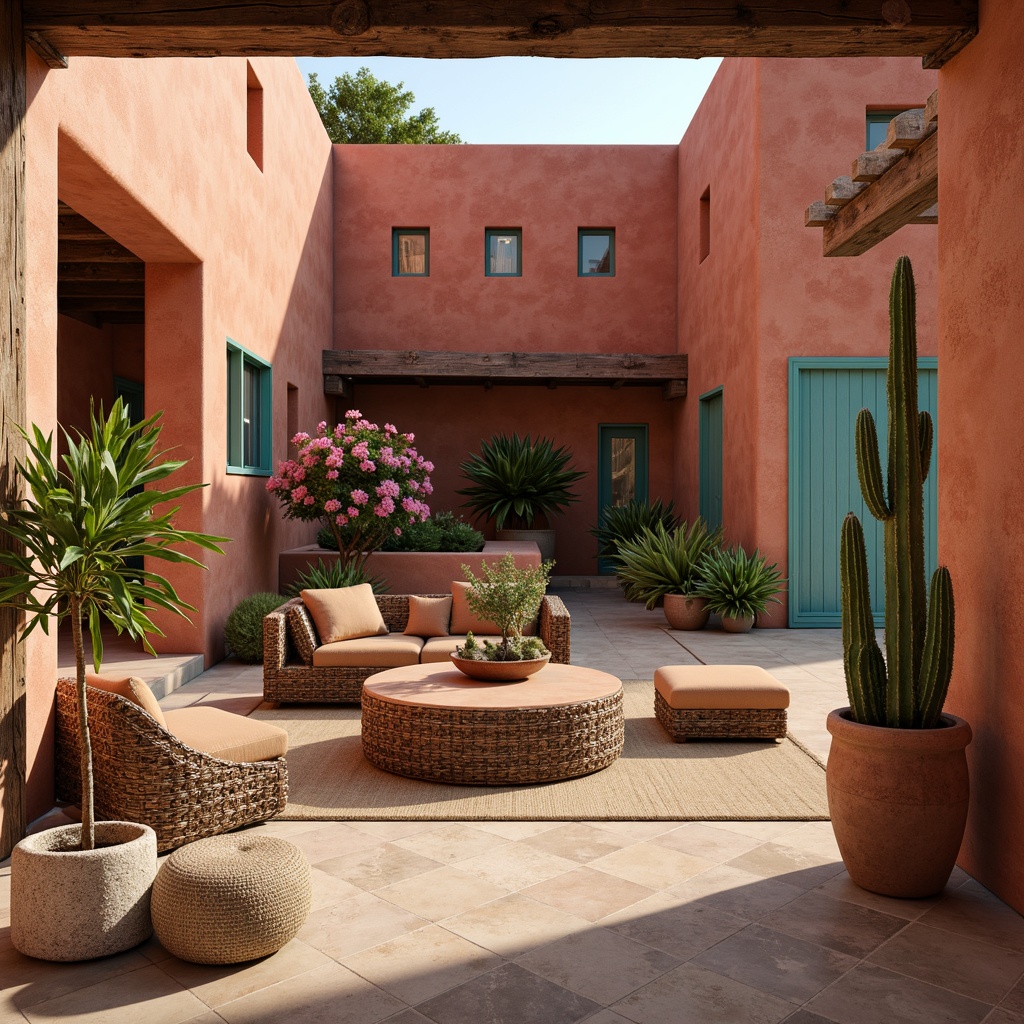 Prompt: Warm earthy tones, adobe red walls, creamy stucco facades, turquoise accents, sandy beige floors, rustic wooden beams, vintage terracotta tiles, distressed leather furnishings, woven wicker furniture, lush green cacti, vibrant bougainvillea flowers, majestic palm trees, arid desert landscape, warm golden lighting, soft natural textures, 1/1 composition, realistic rendering.