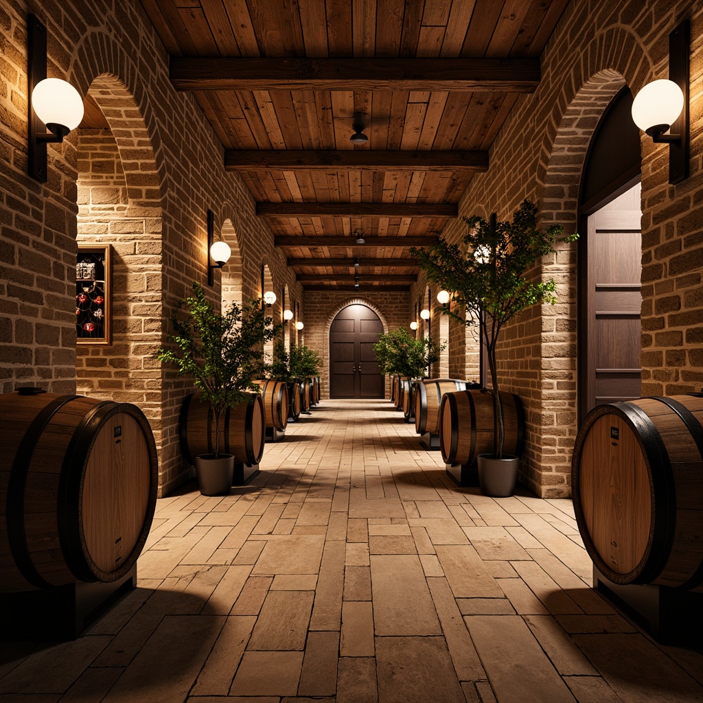 Prompt: Rustic wine cellar, reclaimed wood flooring, distressed wooden planks, earthy tone stones, natural stone tiles, vintage brick walls, arched ceilings, dim warm lighting, rich wood accents, metal wine racks, wooden barrels, aged stone archways, rustic metal doors, soft warm glow, shallow depth of field, 1/1 composition, realistic textures, ambient occlusion.