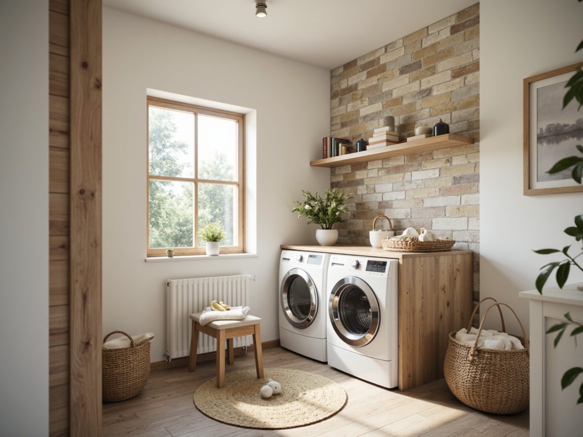 Prompt: Cozy laundry room, soft pastel hues, calming whites, creamy beiges, gentle blues, warm yellows, rustic woods, natural stone walls, modern appliances, sleek metal fixtures, subtle textures, ambient lighting, shallow depth of field, 3/4 composition, realistic renderings.