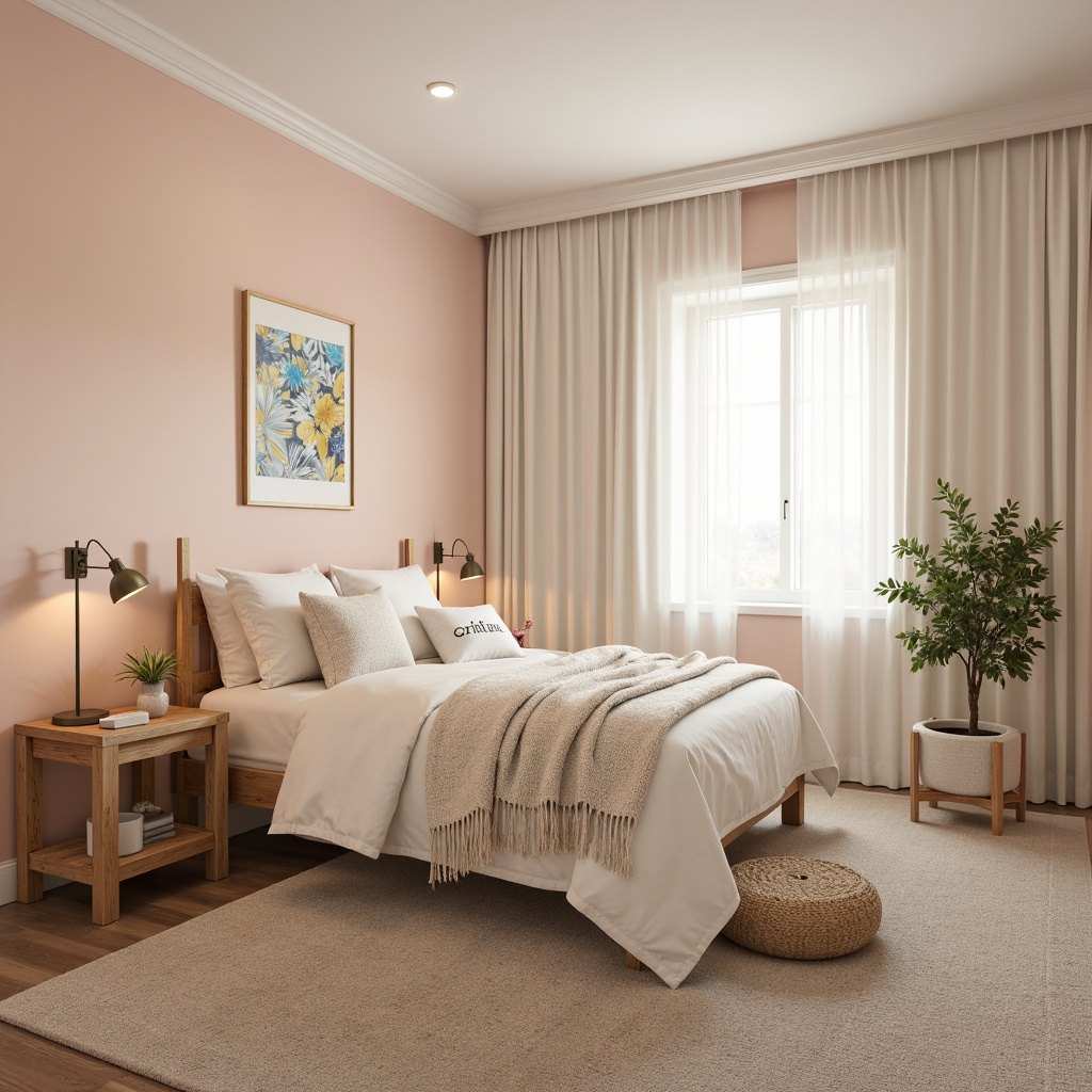 Prompt: Cozy dorm room, soft pastel colors, calming atmosphere, warm beige walls, plush carpeting, comfortable bedding, modern minimalist furniture, natural wood accents, creamy white curtains, gentle diffused lighting, relaxing ambiance, soothing color scheme, pale pink hues, muted blue tones, creamy whites, warm yellows, earthy browns, soft peach shades, elegant typography, simple composition, 1/1 aspect ratio, subtle texture overlay.