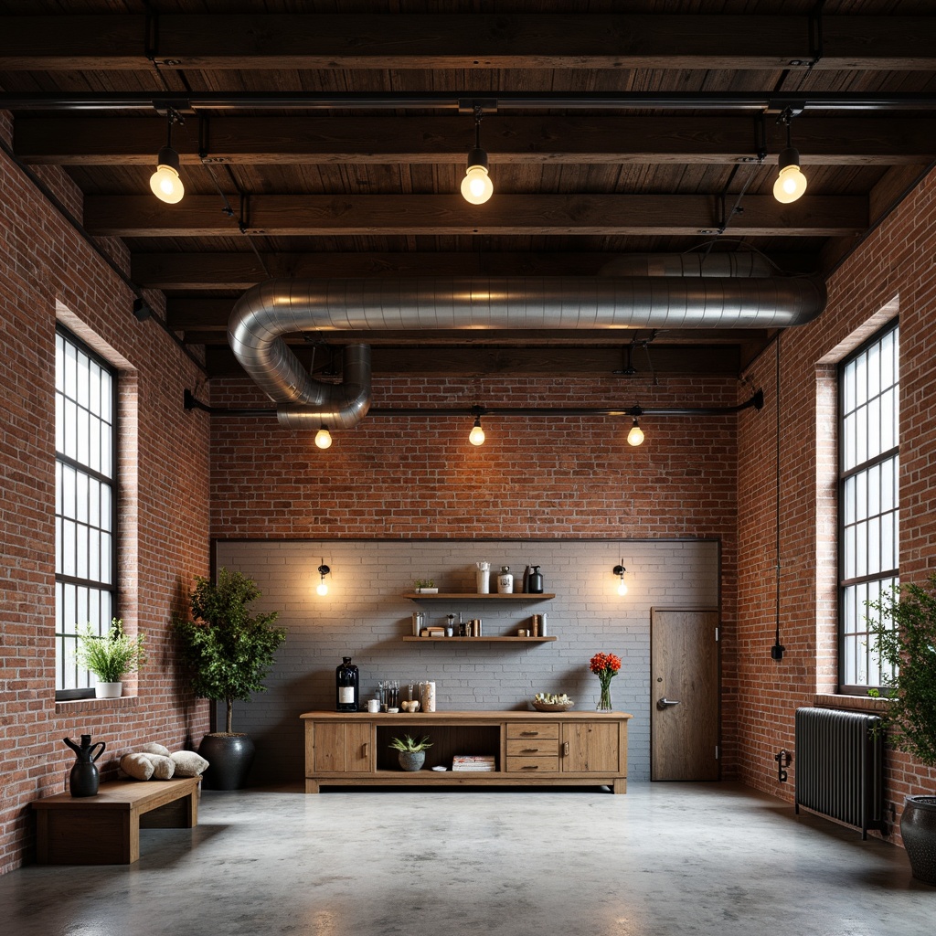 Prompt: Exposed brick walls, industrial metal beams, reclaimed wood accents, vintage factory windows, rustic metal lighting fixtures, Edison bulbs, warm yellow glow, dimmable spotlights, metallic shades, minimalist design, open space layout, high ceilings, concrete floors, urban loft atmosphere, dramatic shadows, low-key lighting, 1/1 composition, realistic textures, ambient occlusion.