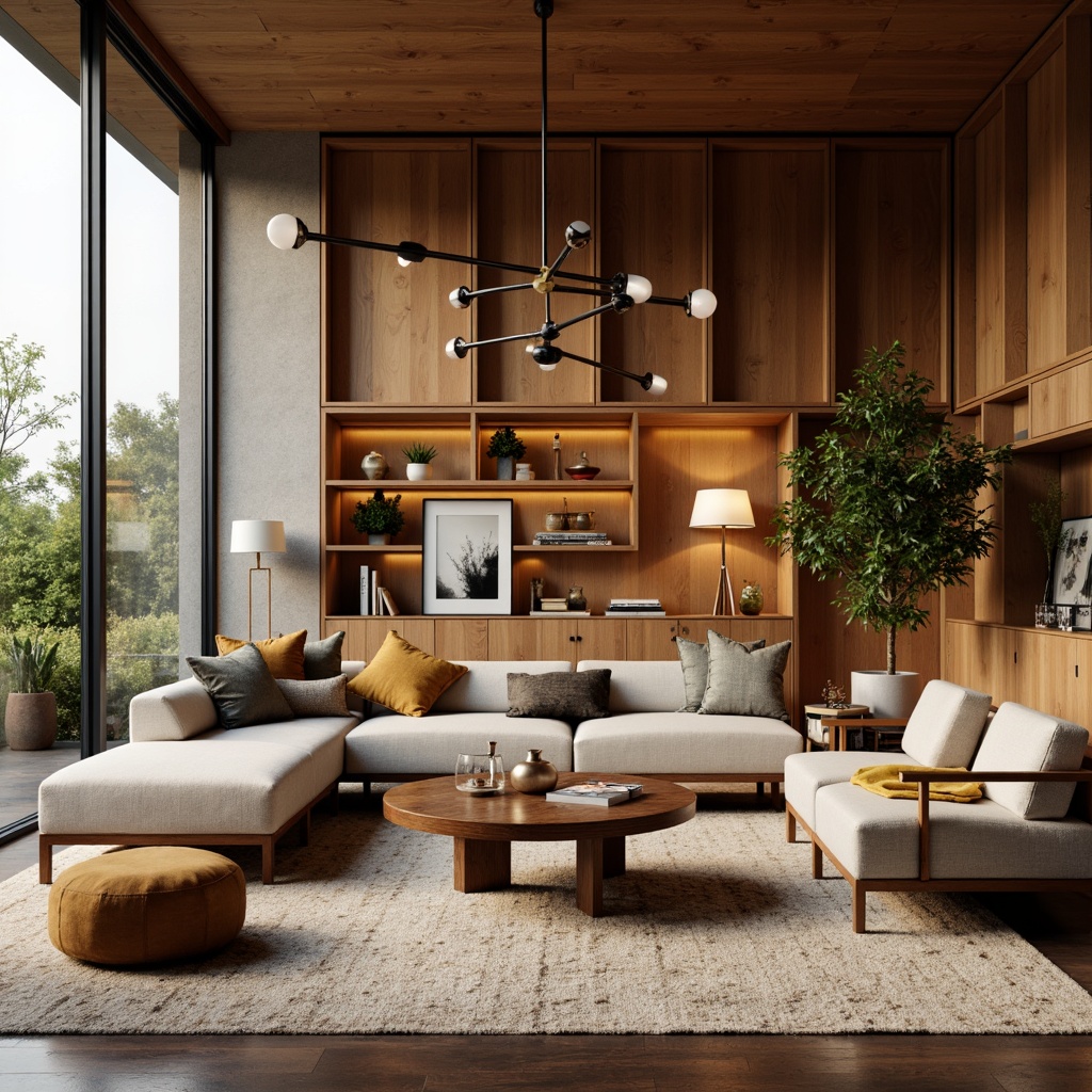 Prompt: Mid-century modern living room, sleek lines, organic shapes, warm wood tones, natural textiles, geometric patterns, statement lighting fixtures, sputnik chandeliers, globe pendants, cylindrical shades, metal accents, industrial chic, minimalist decor, retro-inspired color palette, earthy undertones, soft warm glow, dramatic shadows, 3/4 composition, atmospheric perspective, realistic materials.