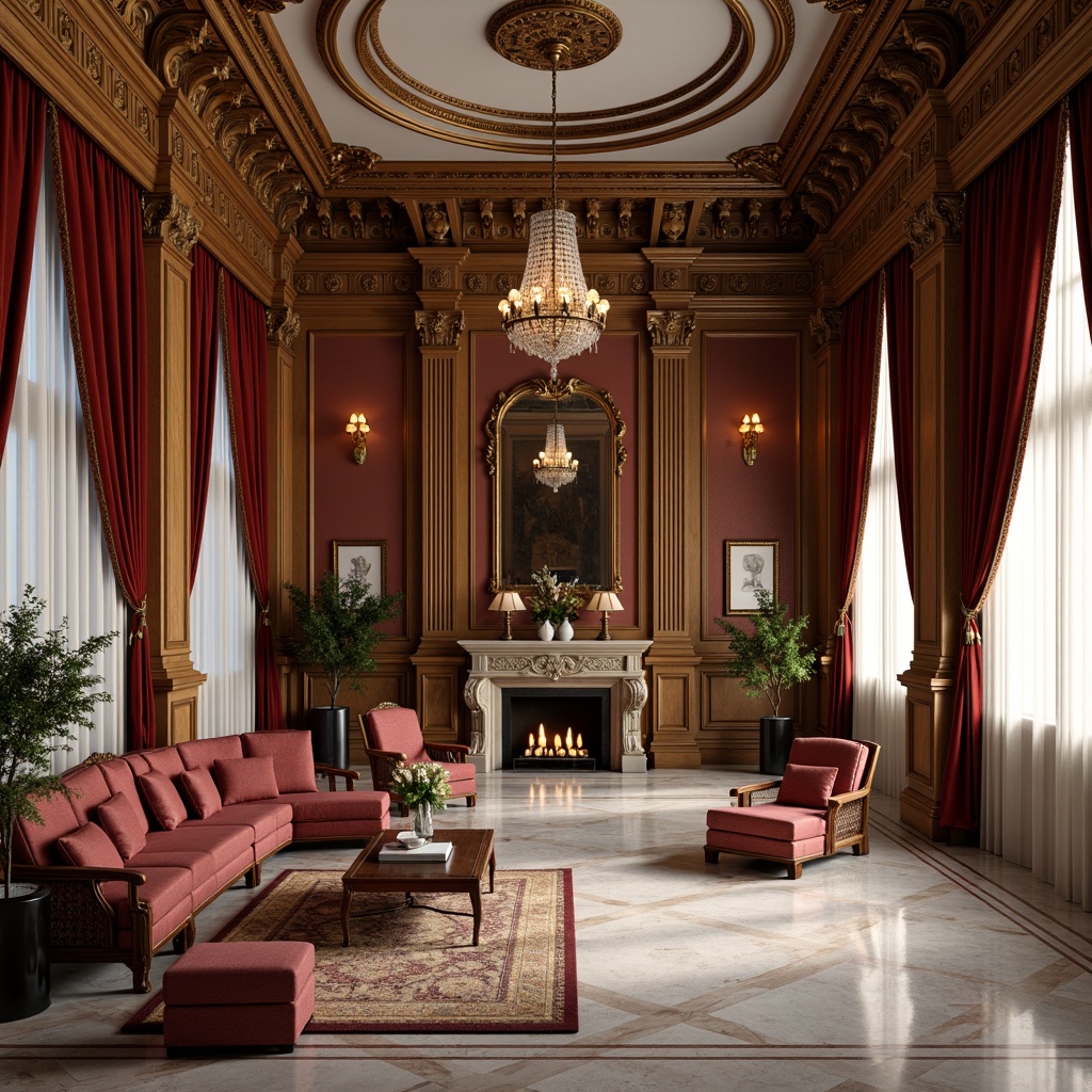 Prompt: Elegant neoclassical interior, rich wood tones, ornate carvings, plush velvet upholstery, gilded accents, crystal chandeliers, marble floors, intricate moldings, luxurious drapery, antique furniture pieces, curved lines, soft warm lighting, 1/1 composition, realistic textures, ambient occlusion, opulent fabrics, subtle patterns, sophisticated color palette.