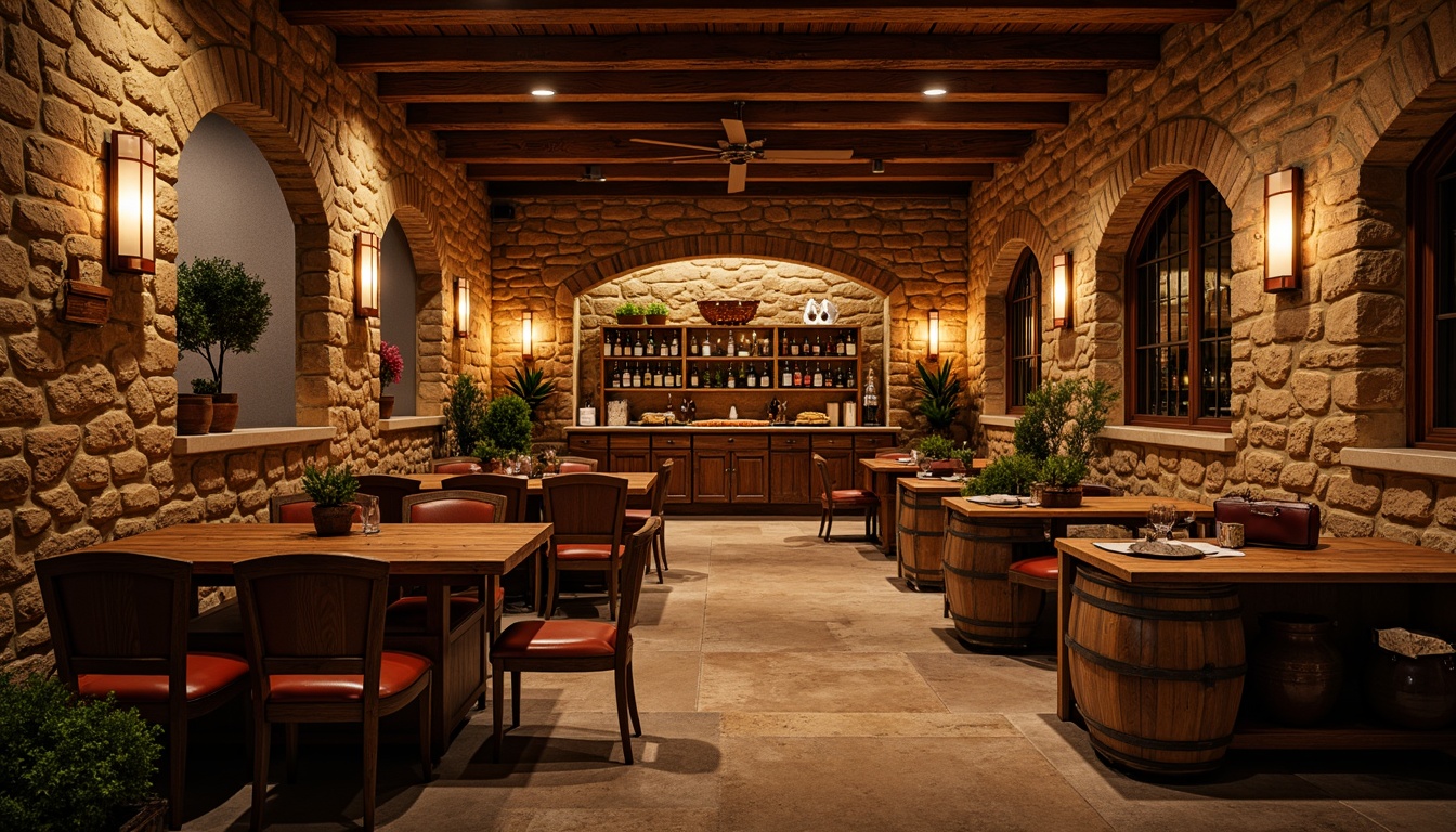 Prompt: Rustic wine cellar, earthy tone walls, natural stone textures, wooden barrel accents, dim warm lighting, aged brick archways, reclaimed wood shelves, wrought iron decor, vintage wine barrels, rich leather furnishings, intimate ambiance, soft candlelight, weathered wood ceiling, old world charm, Tuscan-inspired design, arched windows, distressed wood finishes, cozy nooks, wine tasting areas, rustic metalwork, earthy color palette.