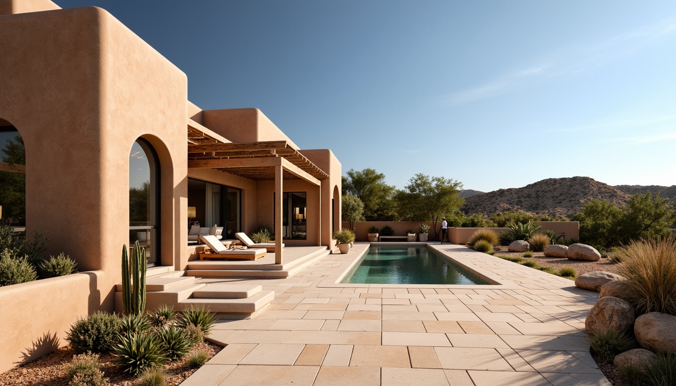 Prompt: Southwestern villa, adobe-style architecture, earthy tones, stucco walls, curved lines, arched windows, large skylights, clerestory windows, sliding glass doors, expansive outdoor spaces, desert landscape, cactus plants, succulent gardens, sandy walkways, hot sunny day, clear blue sky, vast open space, natural stone floors, wooden beam ceilings, earthy color palette, rustic-chic decor, minimalist furnishings, ambient lighting, warm soft shadows, 1/1 composition, shallow depth of field, realistic textures.