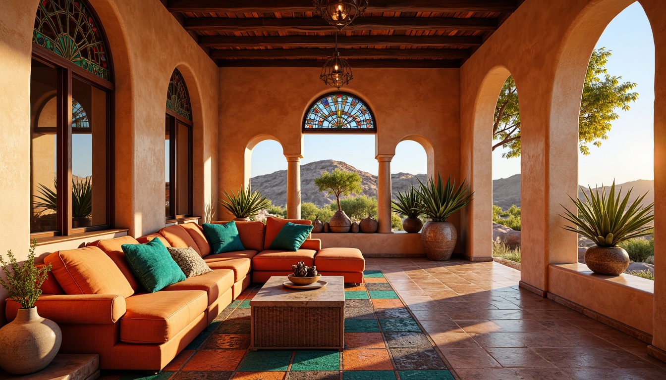 Prompt: Vibrant villa interior, southwestern style decor, stained glass windows, colorful geometric patterns, warm earthy tones, rustic wooden beams, cozy living room, plush furnishings, Moroccan-inspired tiles, soft warm lighting, shallow depth of field, 1/1 composition, realistic textures, ambient occlusion, intricate mosaics, turquoise accents, desert landscape views, sunny afternoon, gentle breeze.