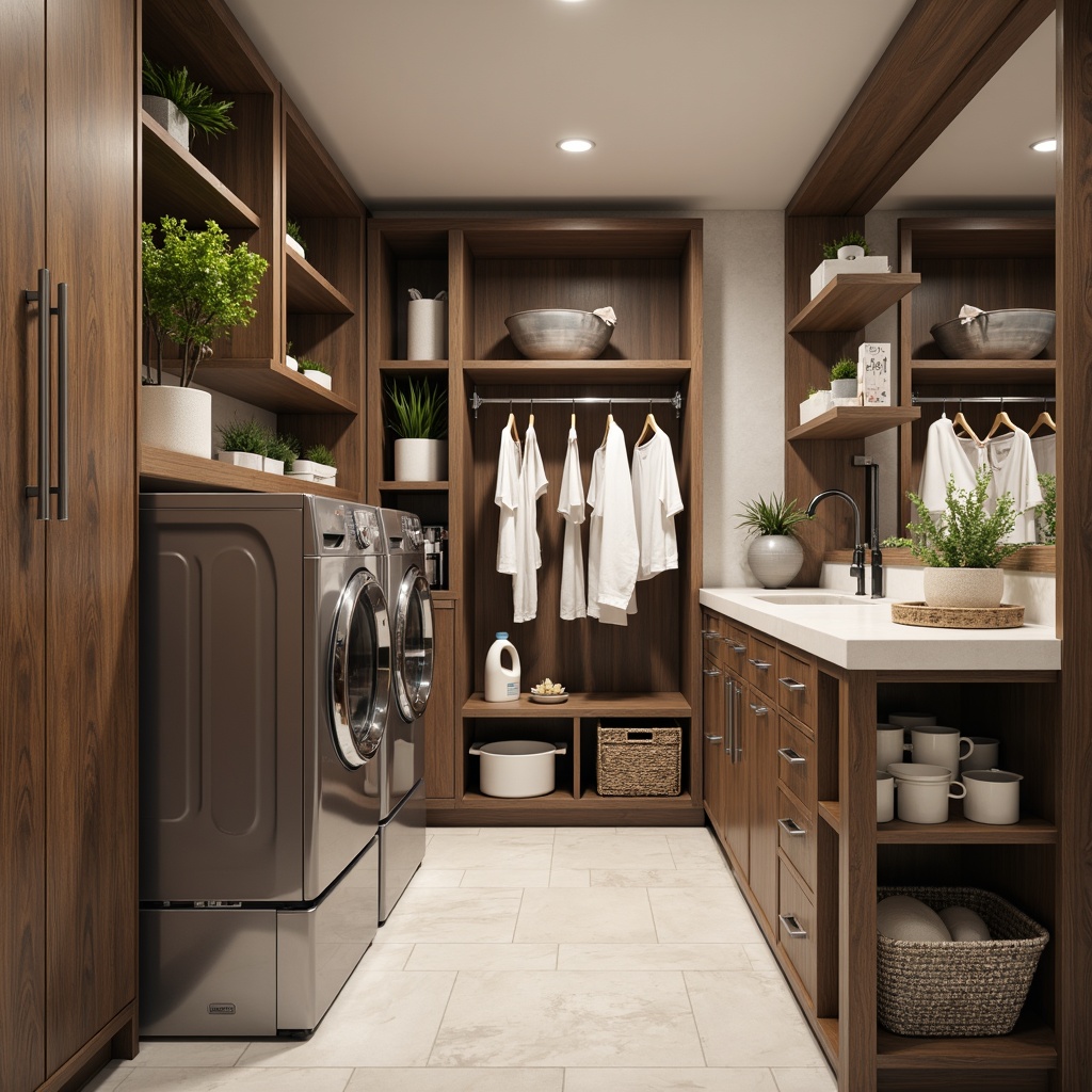 Prompt: Modern laundry room, sleek cabinetry, stainless steel appliances, compact shelving units, foldable drying racks, retractable clotheslines, hidden storage compartments, eco-friendly detergent dispensers, energy-efficient washing machines, soft-close drawers, minimalist decor, warm LED lighting, shallow depth of field, 1/1 composition, realistic textures, ambient occlusion.