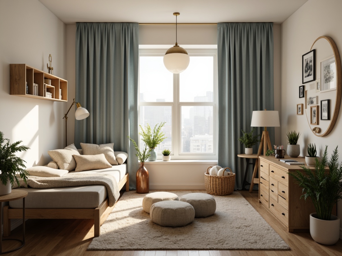 Prompt: Cozy dorm room, soft warm lighting, calming color scheme, creamy whites, soothing blues, muted greens, warm beige tones, natural wood accents, plush textiles, comfy bedding, minimalist decor, modern furniture pieces, industrial-chic metal frames, urban loft-inspired aesthetic, relaxed atmosphere, serene ambiance, shallow depth of field, 3/4 composition, realistic textures.