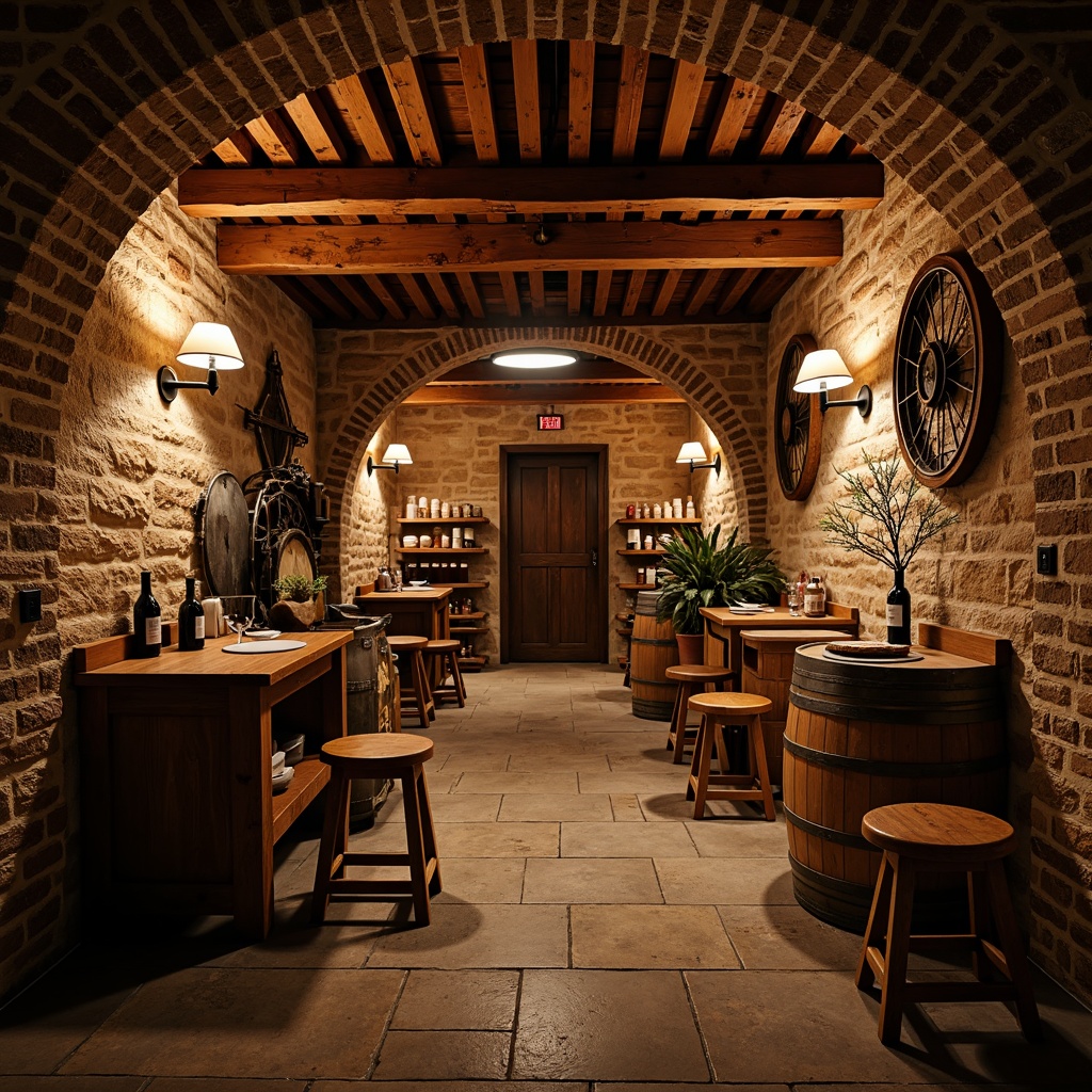 Prompt: Rustic wine cellar, stone walls, wooden barrels, dim warm lighting, earthy tones, natural textures, brick archways, wooden ceiling beams, wrought iron decor, vintage wine-making equipment, distressed wood accents, soft candlelight, shallow depth of field, 1/2 composition, moody atmosphere, realistic stone walls, ambient occlusion.