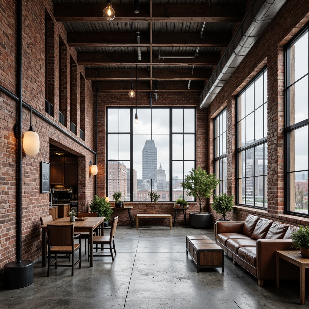 Prompt: Exposed brick walls, industrial chic atmosphere, metal beam ceilings, reclaimed wood accents, urban loft vibe, minimalist decor, black metal lighting fixtures, Edison bulb pendant lights, concrete floors, industrial-style furniture, distressed leather sofas, metal-framed chairs, vintage factory windows, cityscape views, cloudy day, soft natural light, shallow depth of field, 1/1 composition, realistic textures, ambient occlusion.