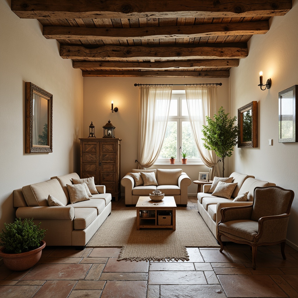 Prompt: Rustic French country-style apartment, distressed wood beams, soft cream-colored walls, rough-hewn stone floors, plush velvet sofas, ornate wooden furniture, delicate lace curtains, vintage metal lanterns, warm golden lighting, shallow depth of field, 1/1 composition, intimate close-up shots, realistic textures, ambient occlusion, natural linen fabrics, earthy terracotta pots, woven wicker baskets, antique bronze hardware, distressed leather armchairs, ornate mirrors, soft pastel color palette.