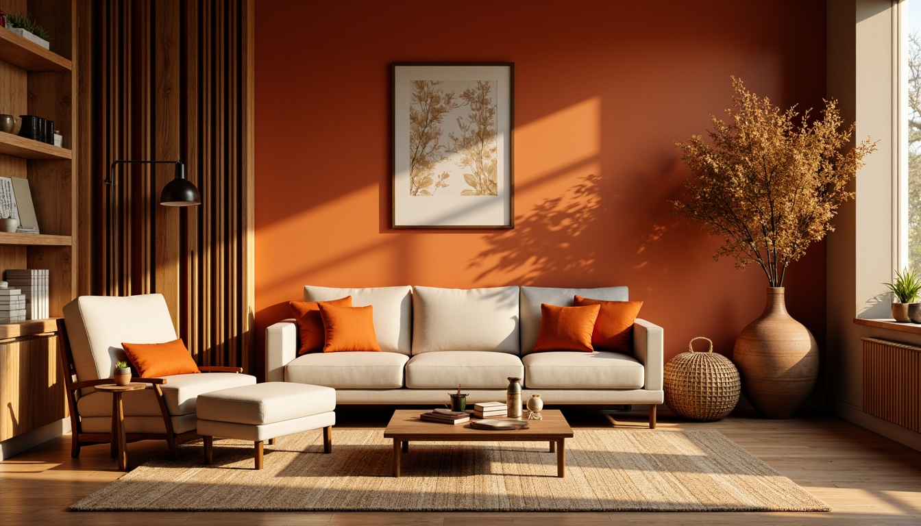 Prompt: Warm persimmon accent walls, rich wood tones, soft beige furniture, vibrant orange throw pillows, natural jute rugs, earthy terracotta vases, rustic metal decor, cozy reading nooks, intimate ambient lighting, shallow depth of field, 1/2 composition, warm golden hour, realistic textures, subtle shadows.