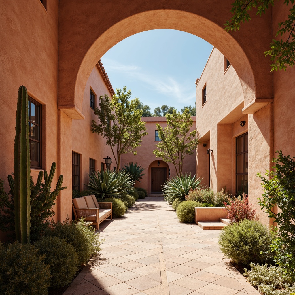 Prompt: Warm sandy beige, soft terracotta, earthy adobe red, turquoise accents, vibrant coral pink, rustic wooden textures, natural stone walls, curved archways, ornate metalwork, Spanish-inspired tiles, lush greenery, cacti plants, warm sunny day, soft warm lighting, shallow depth of field, 3/4 composition, panoramic view, realistic textures, ambient occlusion.