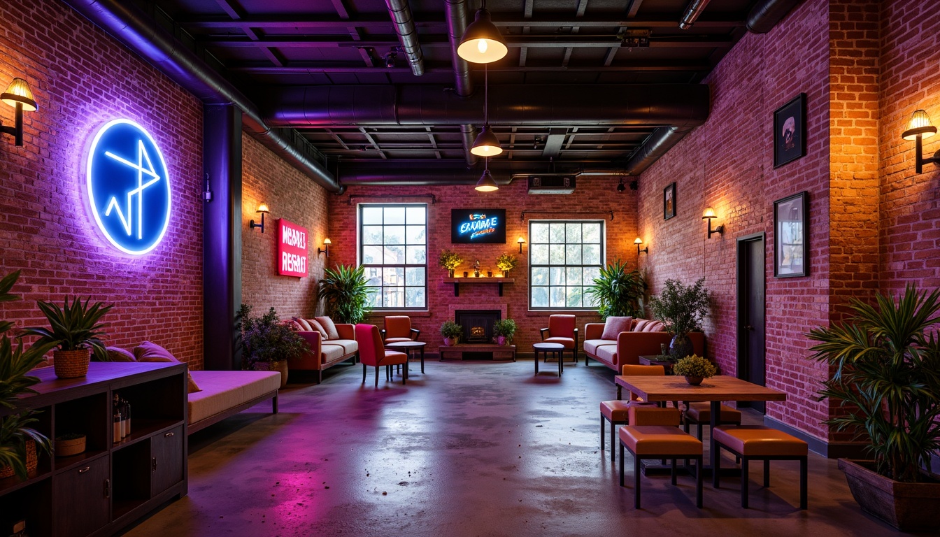 Prompt: Exposed brick walls, metal beams, industrial chic decor, vibrant color accents, neon signs, reclaimed wood furniture, edgy lighting fixtures, urban loft atmosphere, distressed concrete floors, modern minimalist aesthetic, eclectic art pieces, bold typography, pops of bright colors, dynamic shadows, high-contrast lighting, 1/2 composition, shallow depth of field, dramatic focal points.