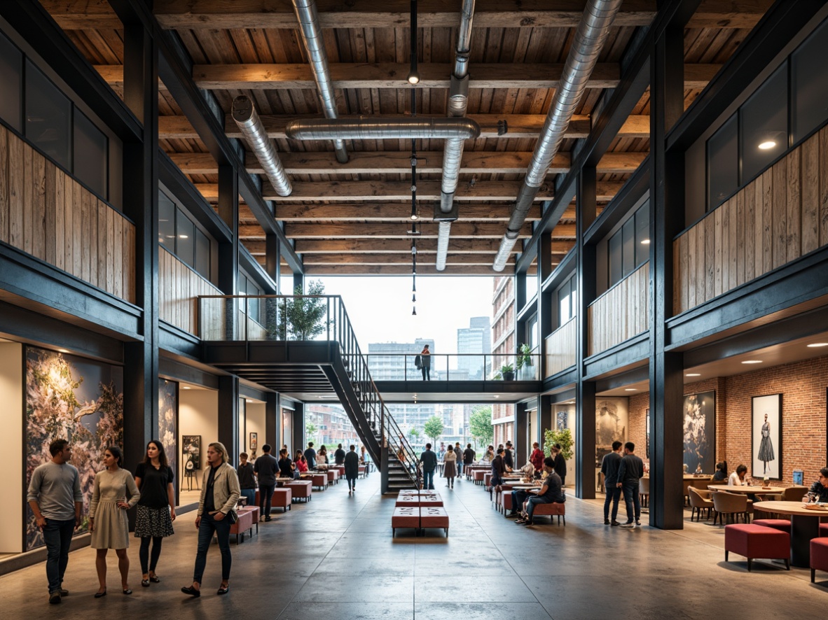 Prompt: Exposed ductwork, polished concrete floors, industrial metal beams, reclaimed wood accents, exposed brick walls, modern minimalist decor, urban cityscape views, natural light pouring in, floor-to-ceiling windows, metal staircase, industrial-style lighting fixtures, open atrium, airy atmosphere, busy shopping crowds, trendy fashion stores, gourmet food courts, artisanal coffee shops, modern art installations, eclectic decorative elements, distressed textures, vibrant color schemes, dynamic camera angles, shallow depth of field, 2/3 composition, realistic reflections.