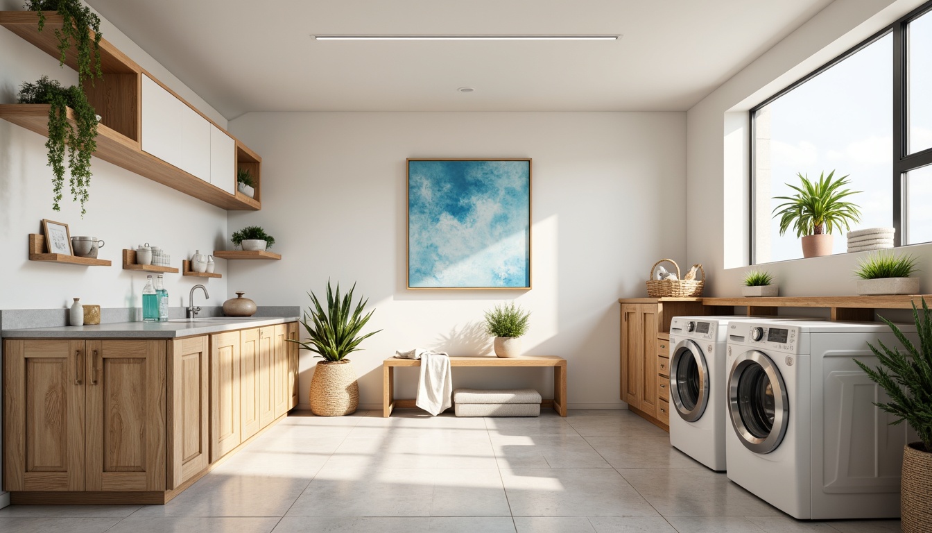 Prompt: Cozy laundry room, soft pastel hues, calming whites, creamy beiges, gentle blues, warm wooden cabinets, modern washing machines, sleek metal countertops, natural stone floors, large windows, abundant natural light, airy atmosphere, minimalist decor, subtle textures, 1/1 composition, shallow depth of field, realistic rendering.