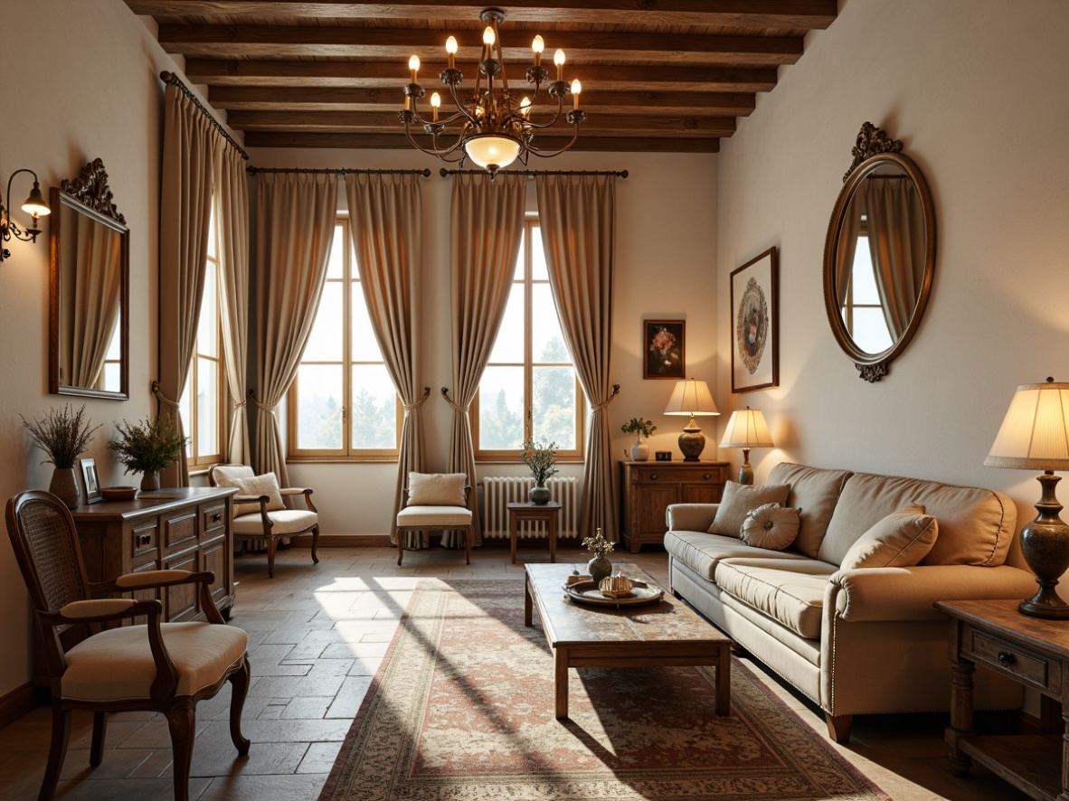 Prompt: Rustic French country style apartment, distressed wood accents, soft cream walls, ornate wooden moldings, natural stone flooring, plush area rugs, elegant chandeliers, warm beige curtains, vintage furniture pieces, ornamental mirrors, delicate lace trim, rich velvet fabrics, subtle earthy tones, soft warm lighting, 1/1 composition, intimate close-up shot, realistic textures, ambient occlusion.