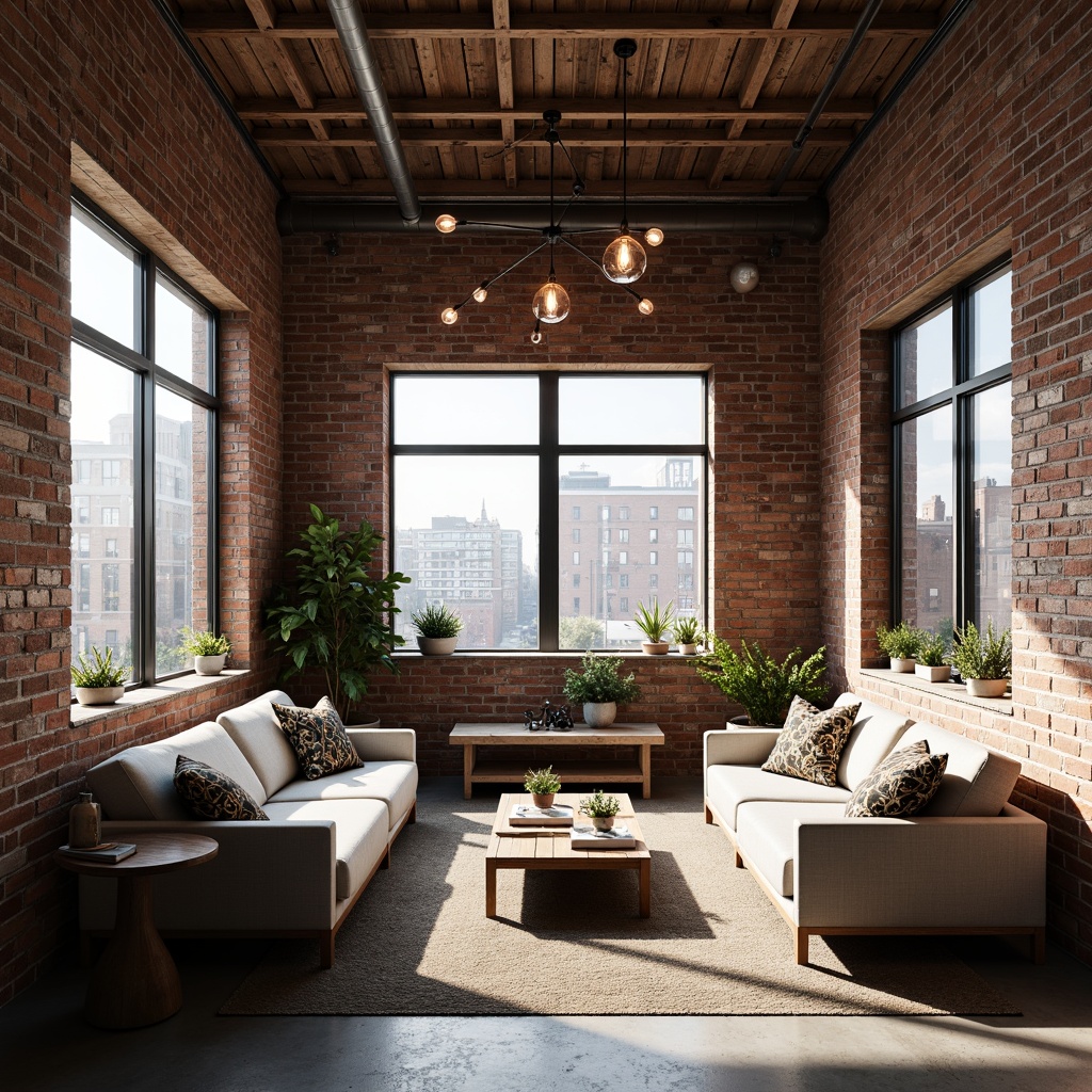 Prompt: Exposed brick walls, industrial-style windows, metal beams, reclaimed wood accents, minimalist decor, urban loft atmosphere, high ceilings, concrete floors, distressed wooden planks, modern rustic chandeliers, soft warm lighting, shallow depth of field, 3/4 composition, realistic textures, ambient occlusion, cozy reading nooks, plush area rugs, comfortable sectional sofas, industrial-chic decorative items.