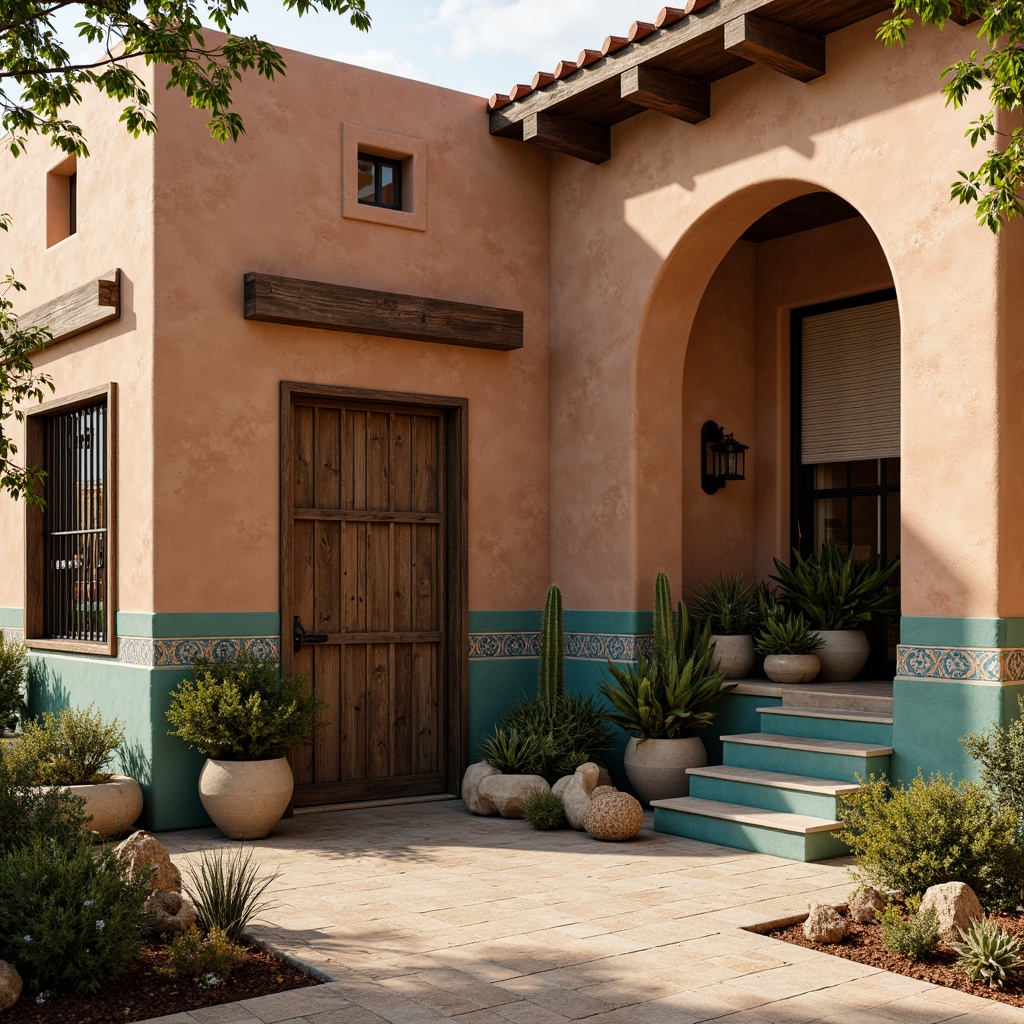 Prompt: Adobe earth tones, rustic wooden accents, distressed stucco walls, ornate ironwork, vibrant turquoise hues, geometric patterned tiles, natural stone flooring, curved archways, heavy wooden doors, woven textiles, desert flora, cacti, sunny afternoon, warm golden lighting, shallow depth of field, 1/2 composition, realistic textures, ambient occlusion.