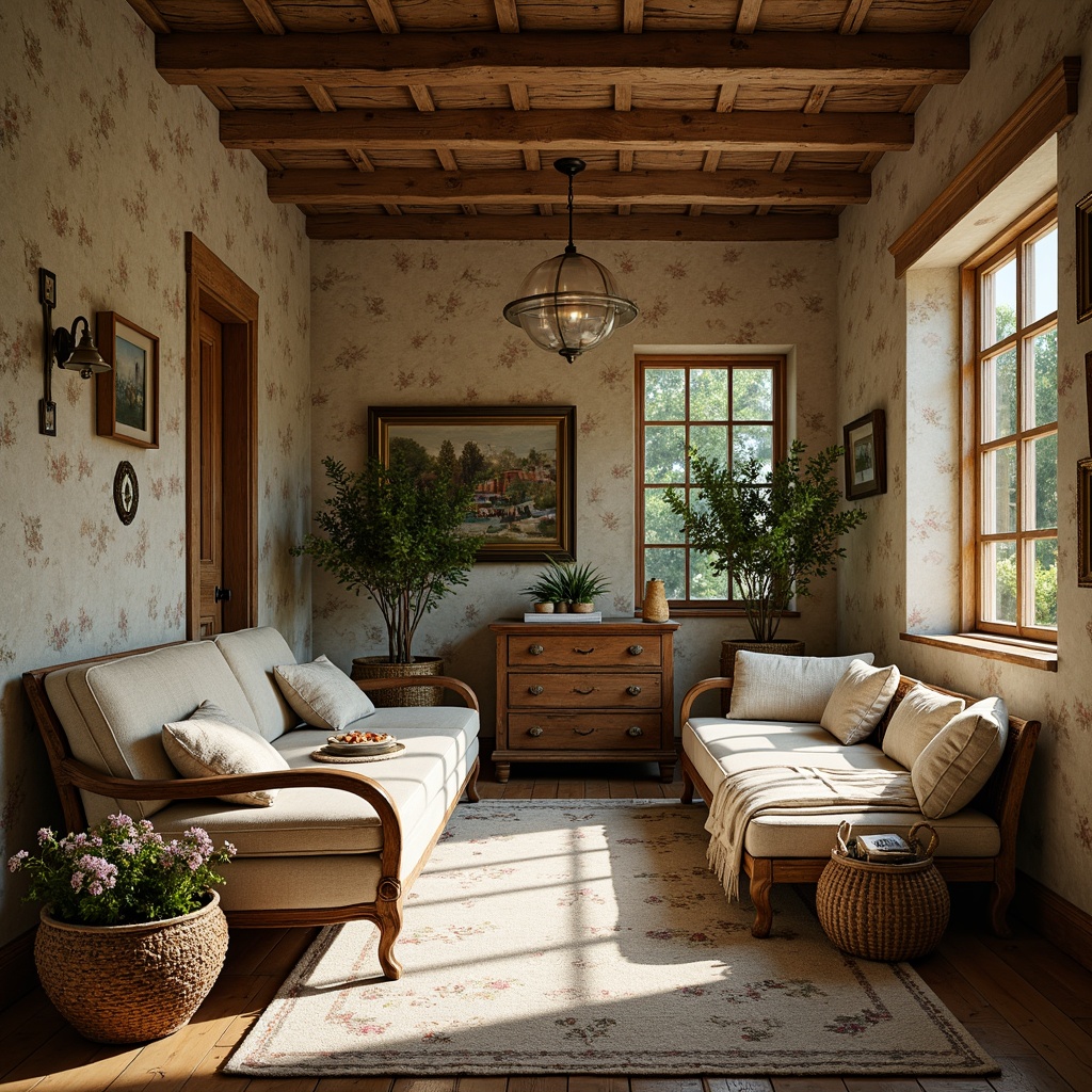 Prompt: Rustic French country cottage, distressed wood accents, soft golden lighting, vintage floral patterns, linen fabrics, natural cotton textures, woven baskets, earthy tone colors, subtle lace details, traditional Toile de Jouy prints, classic ticking stripes, cozy throw blankets, plush velvet upholstery, antique furniture pieces, ornate carved wood, aged stone walls, lush greenery surroundings, warm sunny afternoon, soft focus photography, 1/2 composition, inviting atmosphere.