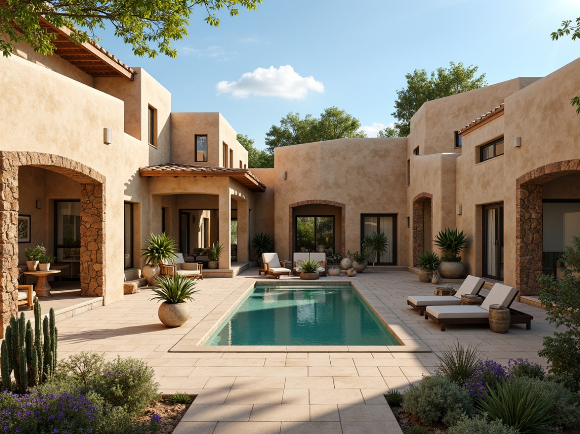 Prompt: Southwestern villa, adobe architecture, earthy tones, warm beige stucco, curved lines, rustic wooden doors, ironwork details, clay tile roofs, vibrant turquoise accents, lush cacti gardens, sprawling outdoor spaces, shaded courtyards, floor-to-ceiling windows, sliding glass doors, clerestory windows, high ceilings, bright interior spaces, soft warm lighting, 1/1 composition, realistic textures, ambient occlusion.