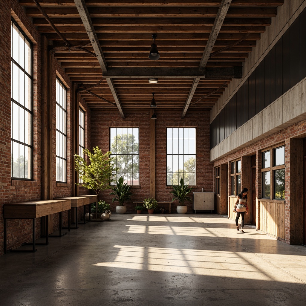 Prompt: Rustic industrial warehouse, exposed brick walls, distressed wooden beams, metal trusses, reclaimed wood accents, corrugated metal cladding, weathered steel frames, poured concrete floors, raw unfinished textures, natural light pouring in, high ceilings, minimal decor, urban loft atmosphere, gritty realistic feel, dramatic shadows, warm golden lighting, shallow depth of field, 1/1 composition.