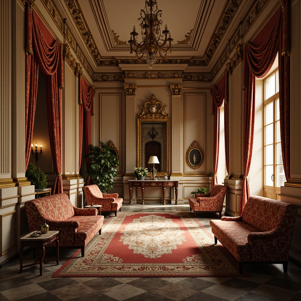 Prompt: Elegant neoclassical interior, ornate furnishings, intricately patterned textiles, velvet drapes, rich brocade fabrics, subtle embroidery details, refined silk upholstery, stately columns, ornamental moldings, crystal chandeliers, marble flooring, vintage rugs, warm golden lighting, shallow depth of field, 2/3 composition, symmetrical framing, realistic textures, ambient occlusion.