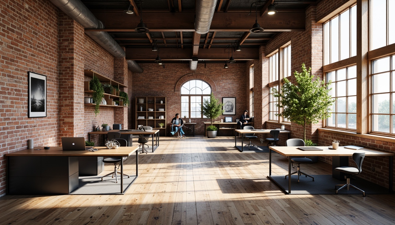 Prompt: Exposed brick walls, high ceilings, metal beams, reclaimed wood floors, industrial-style lighting fixtures, functional workstations, ergonomic chairs, minimalist desks, modern shelving units, decorative steel accents, urban loft atmosphere, natural materials, earthy color palette, abundant natural light, softbox lighting, shallow depth of field, 2/3 composition, realistic textures, ambient occlusion.