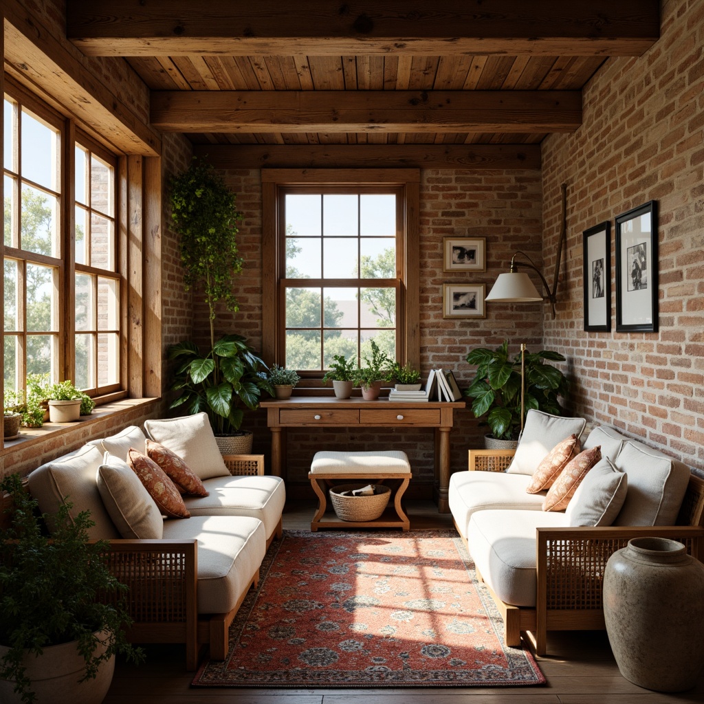 Prompt: Rustic farmhouse, eclectic vintage decor, distressed wood accents, plush throw blankets, woven wicker furniture, natural linen fabrics, soft velvet pillows, floral patterned rugs, antique wooden beams, exposed brick walls, earthy color palette, warm golden lighting, cozy reading nooks, lush greenery, sunny afternoon, shallow depth of field, 3/4 composition, realistic textures, ambient occlusion.