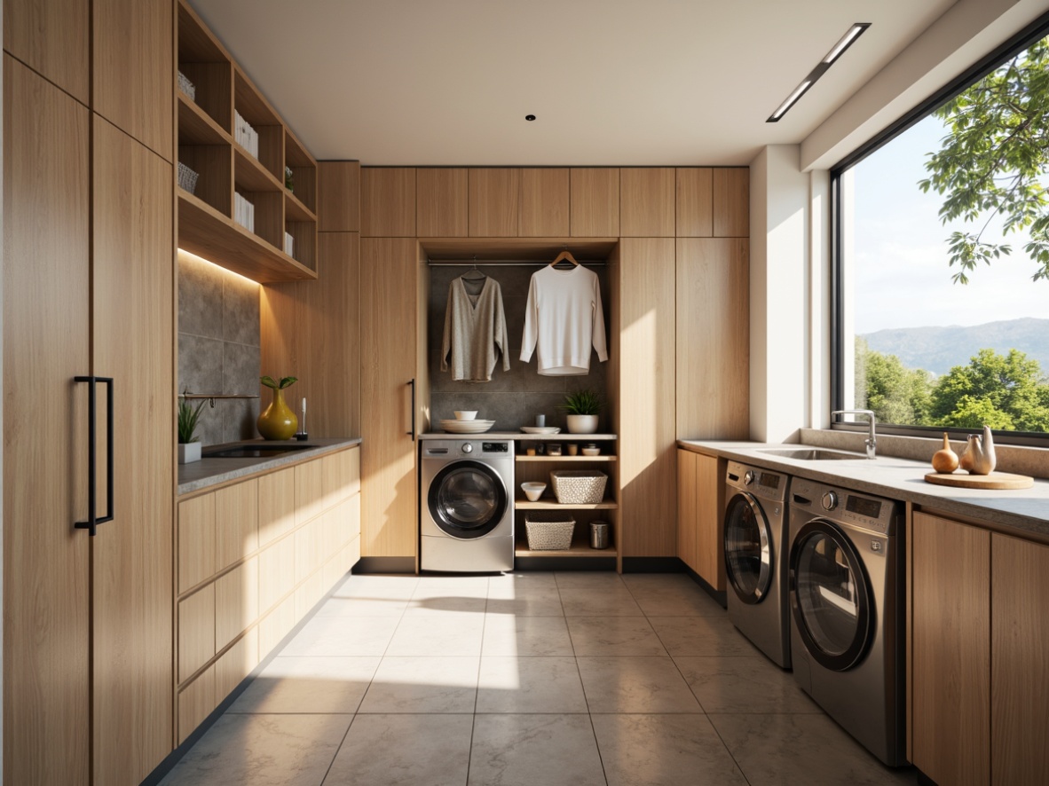 Prompt: Modern laundry room, sleek cabinetry, stainless steel appliances, compact storage systems, pull-out shelves, retractable drying racks, hidden laundry baskets, minimalist design, bright LED lighting, soft warm colors, natural stone countertops, eco-friendly materials, optimized workflow, 1/1 composition, shallow depth of field, realistic textures, ambient occlusion.