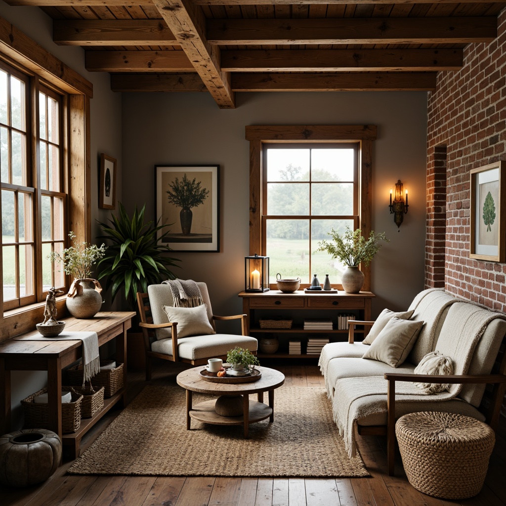 Prompt: Rustic farmhouse, eclectic vintage decor, distressed wood accents, plush throw blankets, woven baskets, natural fiber textiles, earthy color palette, botanical prints, antique furniture pieces, metal lanterns, reclaimed wood beams, exposed brick walls, cozy reading nooks, warm candlelight, shallow depth of field, 1/1 composition, soft focus, realistic textures, ambient occlusion.