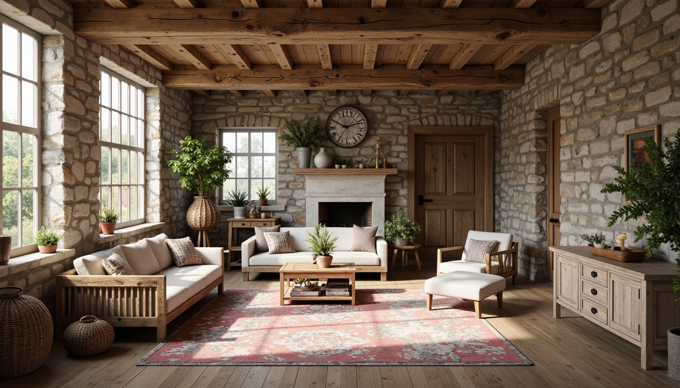 Prompt: Rustic farmhouse, vintage decor, distressed wood accents, antique furniture, natural stone walls, exposed beams, reclaimed wood floors, eclectic pattern mixing, bold stripes, subtle florals, rustic plaids, soft pastels, warm earth tones, cozy textiles, plush throw blankets, woven baskets, potted greenery, natural light, airy atmosphere, relaxed ambiance, 3/4 composition, shallow depth of field, realistic textures, ambient occlusion.