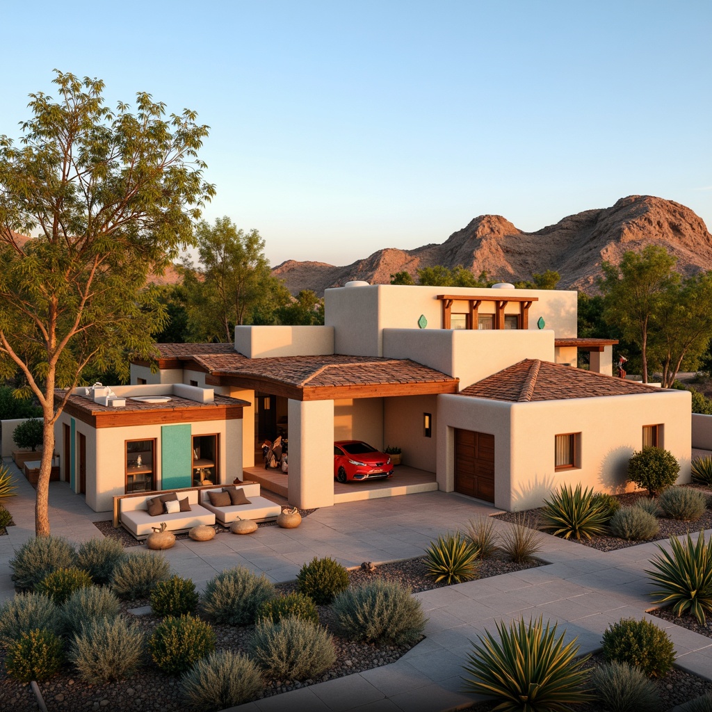 Prompt: Southwestern-style villa, earthy tones, warm beige walls, rustic wooden accents, turquoise decorative elements, vibrant red and orange hues, stucco exterior, terracotta roof tiles, lush greenery, succulent plants, desert landscape, sunny afternoon, soft warm lighting, shallow depth of field, 3/4 composition, panoramic view, realistic textures, ambient occlusion.