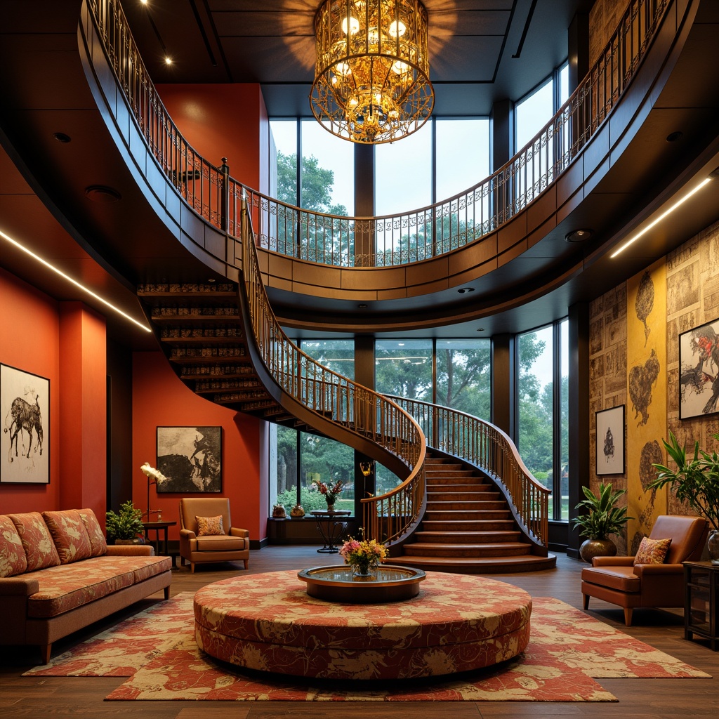 Prompt: Grand spiral staircase, ornate metal railings, polished wooden steps, dramatic curved lines, vibrant colored walls, eclectic artwork, abstract sculptures, bold geometric patterns, rich textiles, luxurious furnishings, opulent chandelier, soft warm lighting, shallow depth of field, 1/1 composition, realistic textures, ambient occlusion.