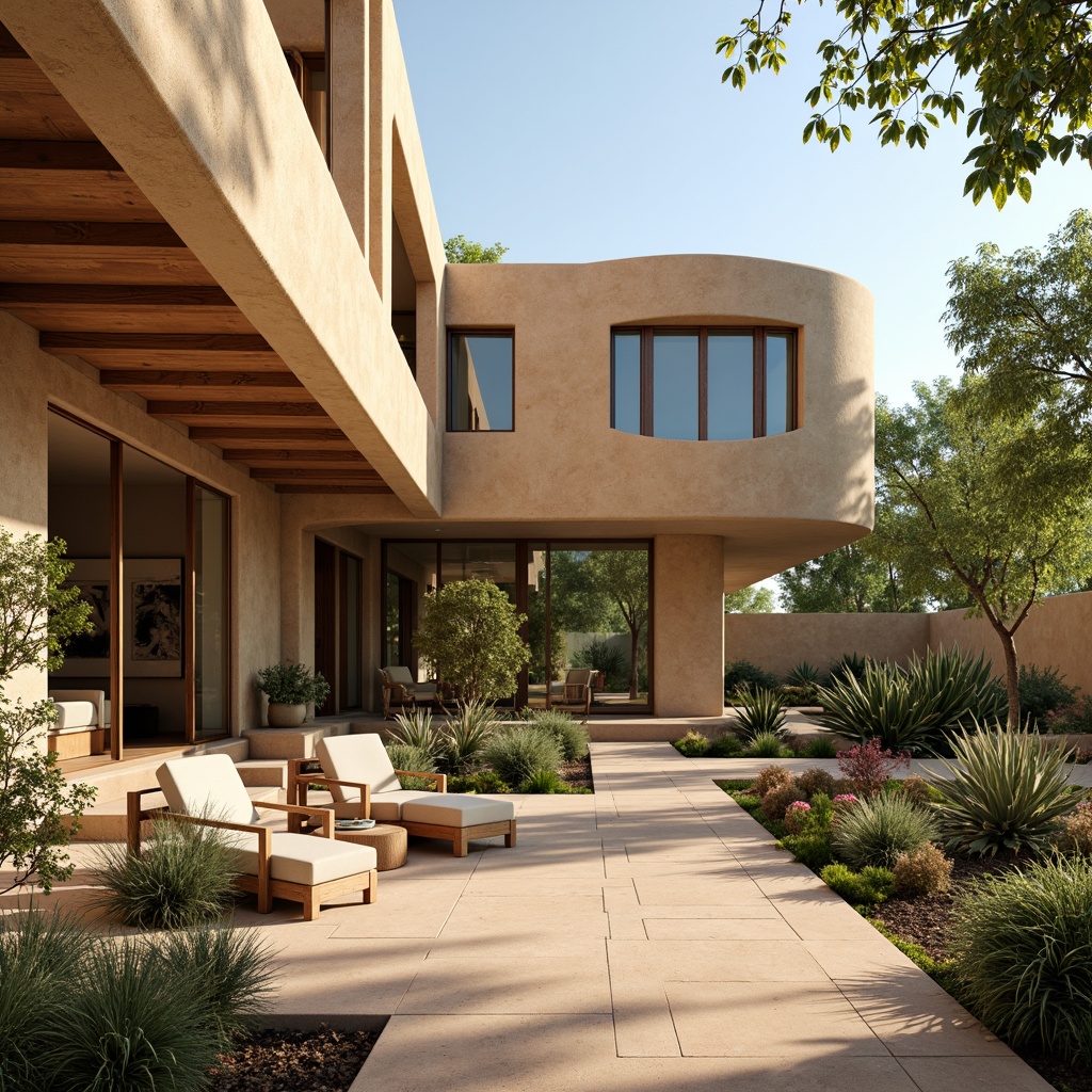 Prompt: Southwestern-style villa, rustic stucco exterior, curved lines, earthy tone color palette, wooden accents, large windows, sliding glass doors, clerestory windows, high ceilings, open floor plan, interior courtyard, lush greenery, vibrant cacti, natural stone flooring, warm beige walls, soft creamy lighting, morning sunlight, 1/1 composition, shallow depth of field, realistic textures, ambient occlusion.