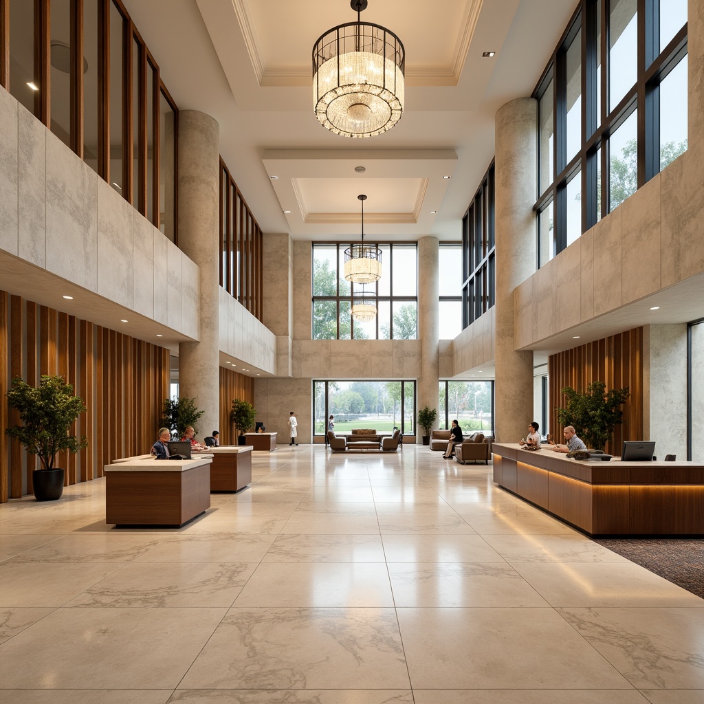 Prompt: Spacious open-plan banking hall, high ceilings, marble flooring, modern chandeliers, sleek wooden counters, minimalist desks, comfortable lounge seating, natural stone walls, glass partitions, warm beige color scheme, abundant natural light, soft diffused lighting, shallow depth of field, 3/4 composition, panoramic view, realistic textures, ambient occlusion.