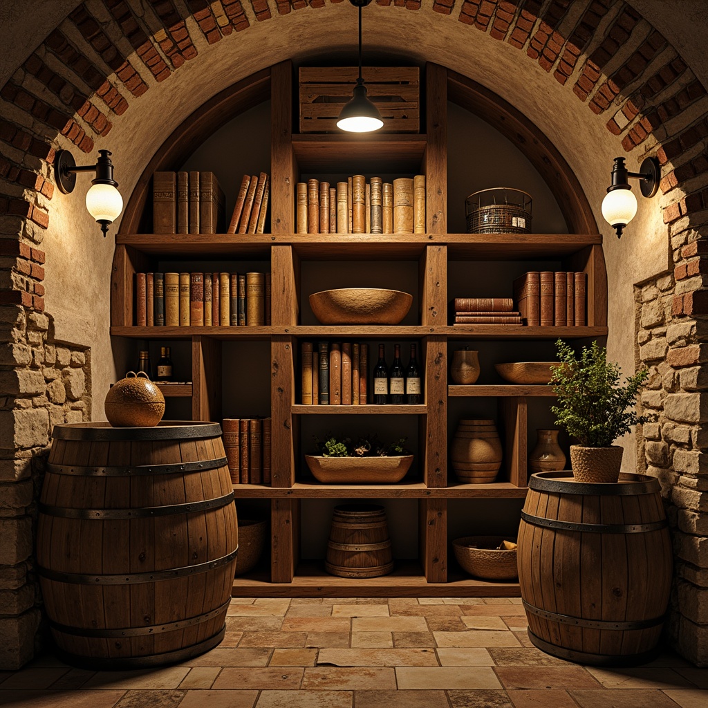 Prompt: Rustic wine cellar, reclaimed wood shelves, distressed wooden planks, metal brackets with vintage screws, earthy stone walls, dim warm lighting, wooden wine crates, old world charm, rich leather-bound tomes, ornate metal lanterns, natural stone flooring, wooden barrel heads, wrought iron railings, aged brick archways, soft golden glow, shallow depth of field, 1/2 composition, realistic textures.