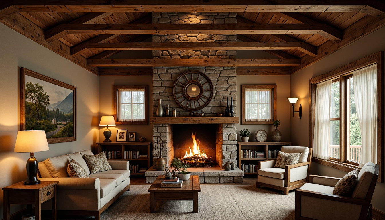 Prompt: Rustic cabin interior, wooden beam ceiling, stone fireplace, earthy color palette, natural textures, vintage furniture, distressed wood accents, soft warm lighting, table lamps, pendant lights, candlelight, floor-to-ceiling windows, sheer curtains, cozy reading nook, comfortable seating area, warm beige tones, rich brown wood, rugged metal fixtures, ambient glow, soft shadows, 1/1 composition, realistic materials, atmospheric illumination.