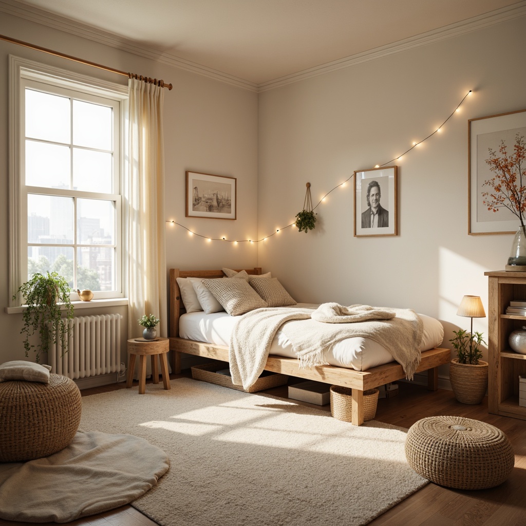 Prompt: Cozy dorm room, soft pastel colors, creamy whites, warm beiges, rich wood tones, plush carpets, comfortable bedding, minimal modern furniture, natural textiles, woven baskets, greenery accents, string lights, warm softbox lighting, shallow depth of field, 1/1 composition, intimate atmosphere, calming ambiance.