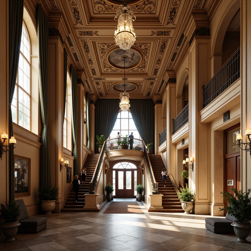 Prompt: Elegant neoclassical interior, ornate moldings, intricately carved wood details, gilded accents, luxurious fabrics, velvet drapes, crystal chandeliers, marble floors, high ceilings, grand staircases, imposing columns, ornamental arches, decorative pilasters, refined proportions, subtle color palette, soft warm lighting, shallow depth of field, 1/2 composition, realistic textures, ambient occlusion.