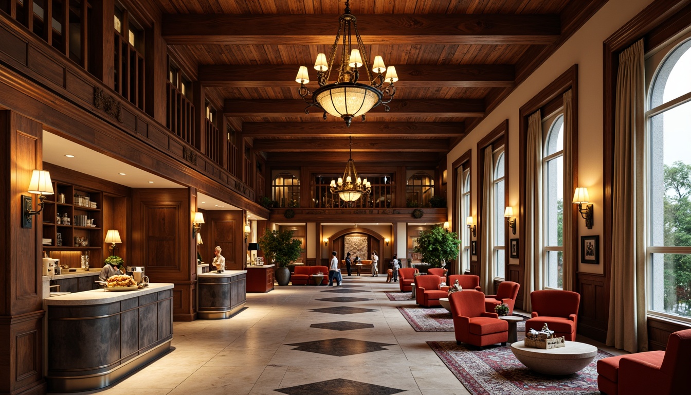 Prompt: Cozy hotel lobby, warm earthy tones, plush velvet armchairs, rich wood accents, natural stone flooring, rustic wooden beams, ornate metal chandeliers, elegant marble countertops, comfortable sofas, vintage decorative rugs, soft warm lighting, intimate conversation areas, luxurious amenities, boutique hotel atmosphere, warm hospitality, inviting ambiance, 1/2 composition, shallow depth of field, realistic textures, ambient occlusion.